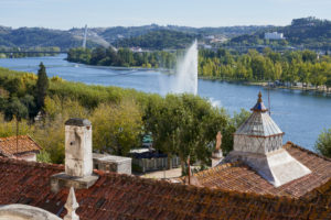 tiled rooftop, house, water-jet, Mondego River, Coimbra, Portugal tiled rooftop, house, water-jet, Mondego River, Coimbra, Portugal