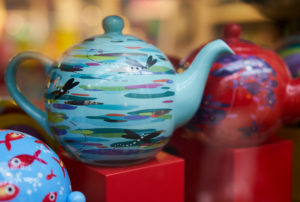 brightly painted teapots, modern, London, UK brightly painted teapots, modern, London, UK