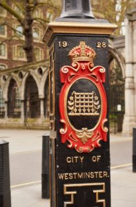 painted cartouche, portcullis, lamp post, City of Westminster, London, UK painted cartouche, portcullis, lamp post, City of Westminster, London, UK