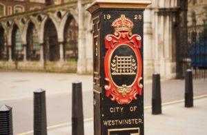 painted cartouche, portcullis, lamp post, City of Westminster, London, UK painted cartouche, portcullis, lamp post, City of Westminster, London, UK