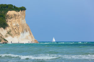 Baltic Sea, island of Rügen, Cape Arkona, cliffs, walkers and sailboat