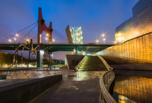 Spain, Bilbao, Guggenheim Museum, spider sculpture "Maman", night shot Spain, Bilbao, Guggenheim Museum, spider sculpture "Maman", night shot