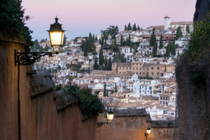 Granada (Spain), Cuesta del Rey Chico, ascent, morning mood, view Albaicin Granada (Spain), Cuesta del Rey Chico, ascent, morning mood, view Albaicin
