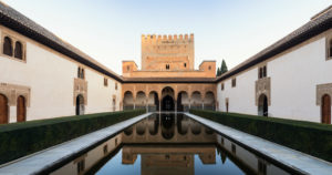 Granada (Spain), Alhambra, Palacios Nazaries, Patio de Arrayanes, Myrtenhof, panorama, reflection Granada (Spain), Alhambra, Palacios Nazaries, Patio de Arrayanes, Myrtenhof, panorama, reflection