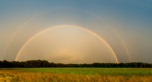 Mecklenburg, Landstraße, Feld, kompletter Regen- und Nebenregenbogen, Panorama Mecklenburg, Landstraße, Feld, kompletter Regen- und Nebenregenbogen, Panorama