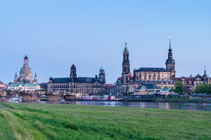 Dresden, view of the old town at the blue hour, 'Canalettoblick'