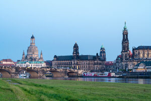 Dresden, Old Town view, Augustus Bridge, blue hour