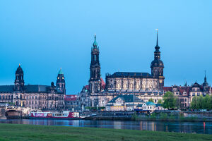 Dresden, view of the old town, Hofkirche, Residenzschloss, blue hour