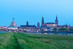 Dresden, Elbe riverbank, view of the old town, 'Canalettoblick', blue hour