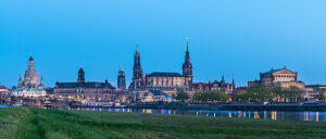Panorama, Dresden, Old Town view, 'Canalettoblick', Frauenkirche, Hofkirche, Residenzschloss, blue hour