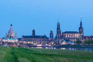 Dresden, Königsufer, view of the old town, 'Canalettoblick', blue hour