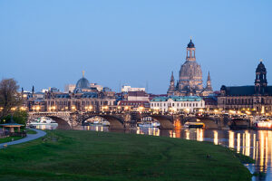 Dresden, Königsufer, view of the old town, blue hour