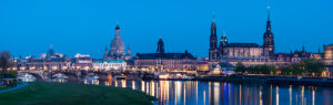 Panorama, Dresden, Old Town view, 'Canalettoblick', Frauenkirche, Hofkirche, Residenzschloss, blue hour