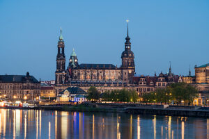 Dresden, view of the old town, Hofkirche and Residenzschloss, blue hour
