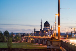 Dresden,  Yenidze,  former cigarette factory,  Marienbrücke,  dusk