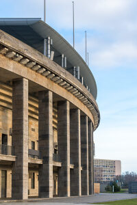 Olympic Stadium Berlin, outdoor area, colonnades, Corbusier House in the background
