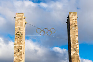 Olympic Stadium Berlin, main entrance, east gate, Preussenturm and Bayernturm, Olympic rings