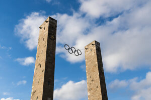 Olympic Stadium Berlin, main entrance, east gate, Preussenturm and Bayernturm, Olympic rings