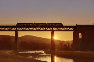 River, bridge, train, sunset, River, bridge, train, sunset,
