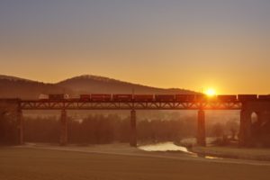 River, bridge, freight train, sunset, River, bridge, freight train, sunset,