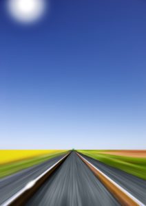 Train race towards a green light on the horizon, blue sky, sun, perspective of the engineer, Composing, Train race towards a green light on the horizon, blue sky, sun, perspective of the engineer, Composing,