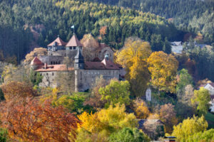 Germany, Thuringia, Elgersburg, castle, wood, spruces, broad-leaved trees, autumn foliage Germany, Thuringia, Elgersburg, castle, wood, spruces, broad-leaved trees, autumn foliage