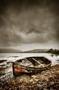 England, Scotland, Isle of Skye, Loch Harport, Drynoch, boat, shore, overcast sky, sepia, digital processed England, Scotland, Isle of Skye, Loch Harport, Drynoch, boat, shore, overcast sky, sepia, digital processed