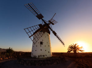 Spain, Fuerteventura, El Cotillo, windmill, sky, evening light, sun, sundown, backlight Spain, Fuerteventura, El Cotillo, windmill, sky, evening light, sun, sundown, backlight