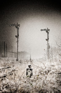 Signals, tracks, switch, turn signal, scrub, wild, fog, digitally processed, RailArt Signals, tracks, switch, turn signal, scrub, wild, fog, digitally processed, RailArt