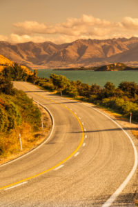 Road to Glenorchy at sunset, Lake Wakatipu, Queenstown, Otago, South Island, New Zealand, Oceania Road to Glenorchy at sunset, Lake Wakatipu, Queenstown, Otago, South Island, New Zealand, Oceania