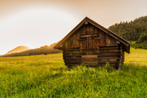 Hay barn at Geroldsee at sunset, Klais, Upper Bavaria, Bavaria, Germany Hay barn at Geroldsee at sunset, Klais, Upper Bavaria, Bavaria, Germany