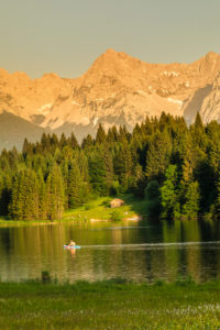 Geroldsee in the evening light against Karwendel Mountains, Upper Bavaria, Bavaria, Germany Geroldsee in the evening light against Karwendel Mountains, Upper Bavaria, Bavaria, Germany