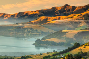 Morgennebel, Banks Peninsula, Canterbury, Südinsel, Neuseeland, Ozeanien Morgennebel, Banks Peninsula, Canterbury, Südinsel, Neuseeland, Ozeanien
