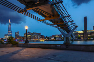Millennium Bridge with The Shard and Modern Tate Gallery, London, England, Great Britain