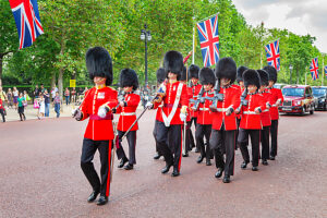 Changing of the guard on The Mall on the way to Buckingham Palace, City of Westminster, London, England, United Kingdom