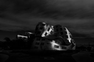 Architecture of Frank O. Gehry, building, silver, curved, Las Vegas, the USA Architecture of Frank O. Gehry, building, silver, curved, Las Vegas, the USA