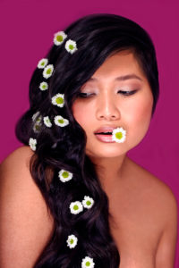 Thai girl, pink lips, long black hair, flowers, beauty, portrait Thai girl, pink lips, long black hair, flowers, beauty, portrait