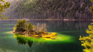 Island in the Eibsee, Grainau, near Garmisch, Werdenfelser Land, Bavaria, Germany Island in the Eibsee, Grainau, near Garmisch, Werdenfelser Land, Bavaria, Germany