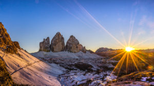 Drei Zinnen in the sundown in winter, Dolomites, South Tyrol, Italy Drei Zinnen in the sundown in winter, Dolomites, South Tyrol, Italy