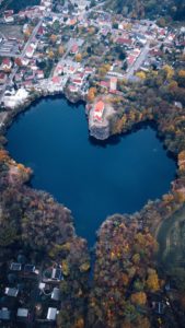 Germany, Saxony, Beucha, mountain church Beucha, heart-shaped Kirchbruch lake Germany, Saxony, Beucha, mountain church Beucha, heart-shaped Kirchbruch lake