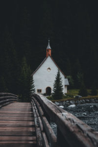 Italy, South Tyrol, wooden bridge, church Italy, South Tyrol, wooden bridge, church