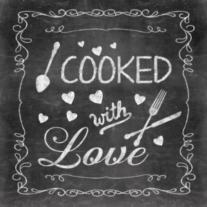 Illustration, blackboard, chalk, 'Cooked with Love' Illustration, blackboard, chalk, 'Cooked with Love'