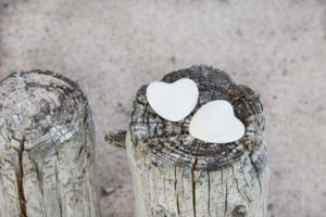 two white stone hearts on weathered wooden poles on a sandy beach two white stone hearts on weathered wooden poles on a sandy beach