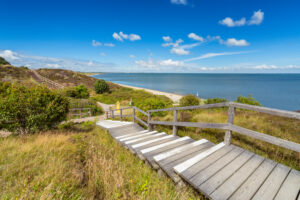 Boardwalk in Braderup Heath on the Wadden Sea, Braderup, Sylt Island, Schleswig-Holstein, Germany