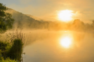 River Main with fog at sunrise, Miltenberg, Spessart, Franconia, Bavaria, Germany River Main with fog at sunrise, Miltenberg, Spessart, Franconia, Bavaria, Germany