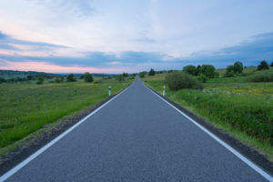 Road, sunrise, spring, Oberelsbach, Lange Rhön, Rhön, Bavaria, Germany Road, sunrise, spring, Oberelsbach, Lange Rhön, Rhön, Bavaria, Germany