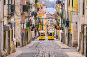 Historic yellow funicular in a steep street in Lisboa, Portugal Historic yellow funicular in a steep street in Lisboa, Portugal