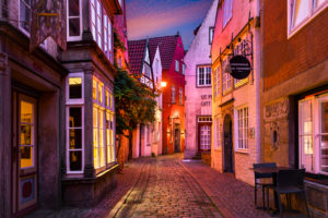 Historic Schnoor district in Bremen, Germany at night Historic Schnoor district in Bremen, Germany at night