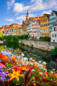 Neckar river and flowers in Tübingen, Germany Neckar river and flowers in Tübingen, Germany