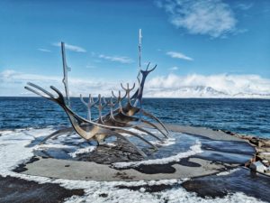 "The Sun Voyager" sculpture by artist Jón Gunnar Árnason in Reykjavik, Iceland "The Sun Voyager" sculpture by artist Jón Gunnar Árnason in Reykjavik, Iceland